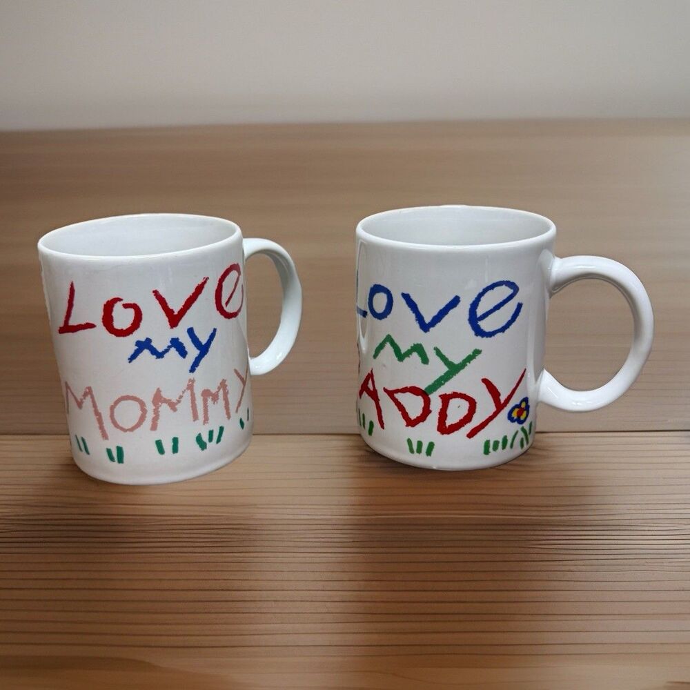 Mommy Daddy Love Mugs Multicolor Ceramic 2 Mugs Cups Vintage Child Scribble 80s